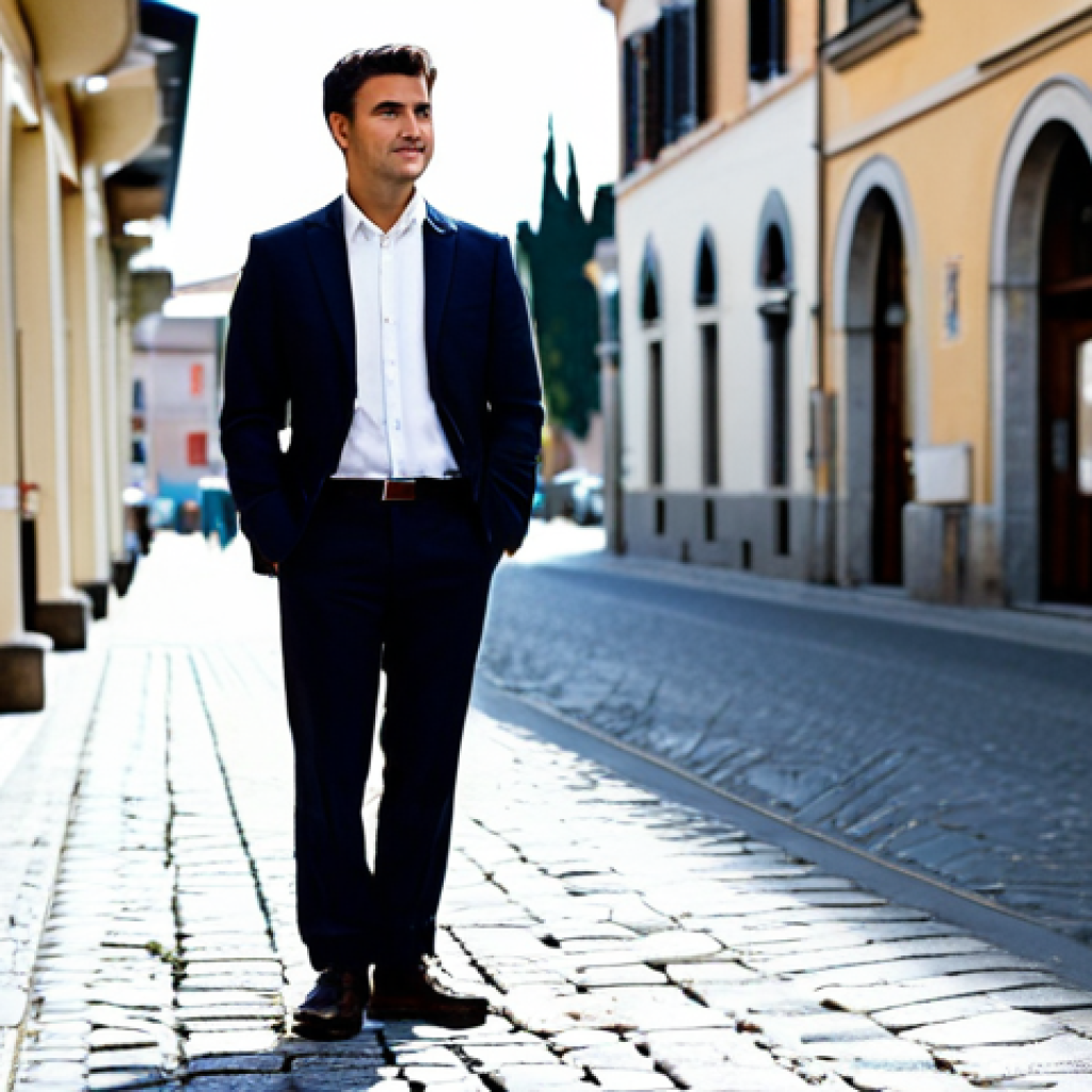 A professional male dentist in a modest dark business suit and crisp white shirt, standing at a crossroads. The left side of the background shows a blurred, nostalgic view of a traditional Italian street with cobblestones and classic architecture, symbolizing his past. The right side transitions seamlessly into a bright, modern European airport departure lounge with large windows, representing his future. He stands centrally, looking forward with an expression mixing determination and a hint of hopeful apprehension. The scene is well-lit, professional photography style, high quality. fully clothed, appropriate attire, safe for work, perfect anatomy, correct proportions, natural pose, well-formed hands, proper finger count, natural body proportions, professional dress, modest, appropriate content.