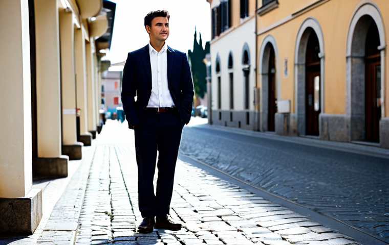 A professional male dentist in a modest dark business suit and crisp white shirt, standing at a crossroads. The left side of the background shows a blurred, nostalgic view of a traditional Italian street with cobblestones and classic architecture, symbolizing his past. The right side transitions seamlessly into a bright, modern European airport departure lounge with large windows, representing his future. He stands centrally, looking forward with an expression mixing determination and a hint of hopeful apprehension. The scene is well-lit, professional photography style, high quality. fully clothed, appropriate attire, safe for work, perfect anatomy, correct proportions, natural pose, well-formed hands, proper finger count, natural body proportions, professional dress, modest, appropriate content.