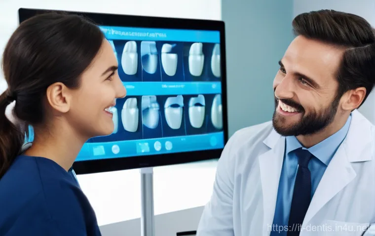 치과 교정 장치 설계 과정 - A close-up of a patient, a young man, in a modern dental chair, undergoing an intraoral 3D scan. A f...