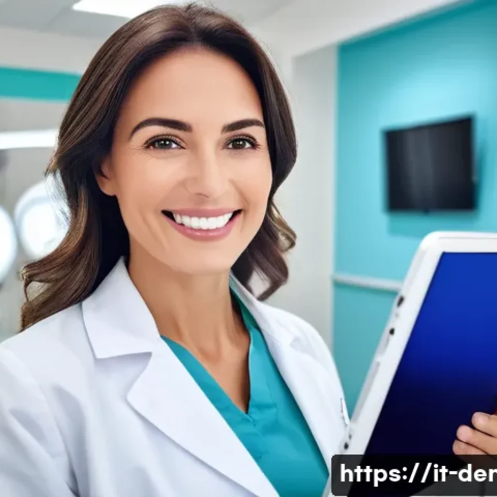 치과의사로서의 평판 관리 - **A modern Italian dental professional reviewing online success.**
A confident and friendly Ital...