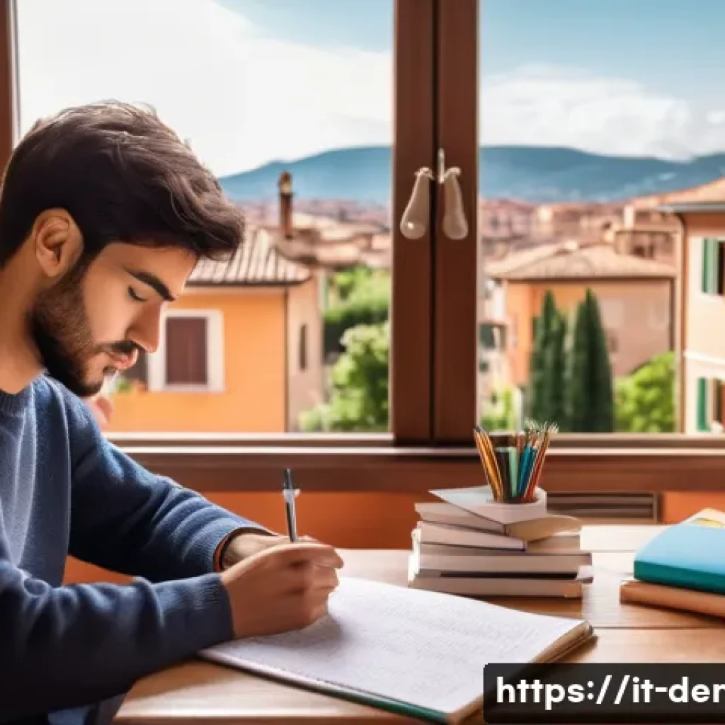 치과의사 면허 시험 준비 방법 - A focused Italian university student sitting at a wooden desk in a cozy, sunlit room, surrounded by ...