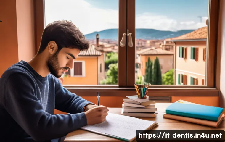 치과의사 면허 시험 준비 방법 - A focused Italian university student sitting at a wooden desk in a cozy, sunlit room, surrounded by ...