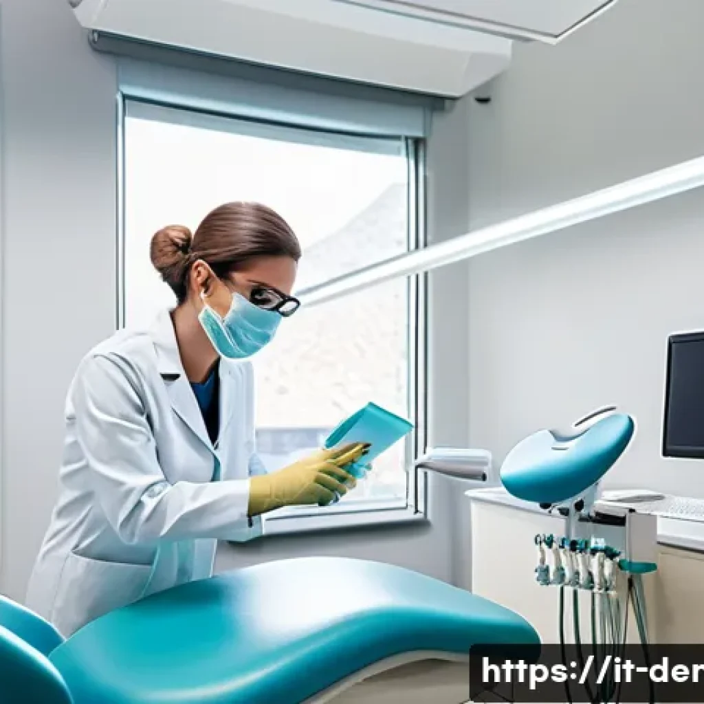치과의사와 치위생사의 협업 사례 - A modern dental clinic scene in Italy featuring a coordinated dental team: a dentist in professional...