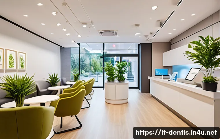 치과 환자 유지와 리텐션 방법 - A warm and welcoming modern dental clinic interior with soft warm lighting, comfortable seating, and...