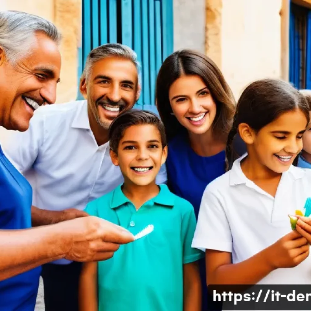 치과 보건 정책과 치과의사의 역할 - A vibrant community dental health workshop in an Italian village, featuring diverse adults and child...