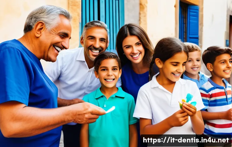 치과 보건 정책과 치과의사의 역할 - A vibrant community dental health workshop in an Italian village, featuring diverse adults and child...