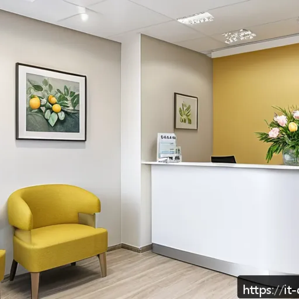 치과 치료 중 환자 불만 대처법 - A warm and inviting dental clinic reception area in Italy, featuring soft natural lighting, comforta...