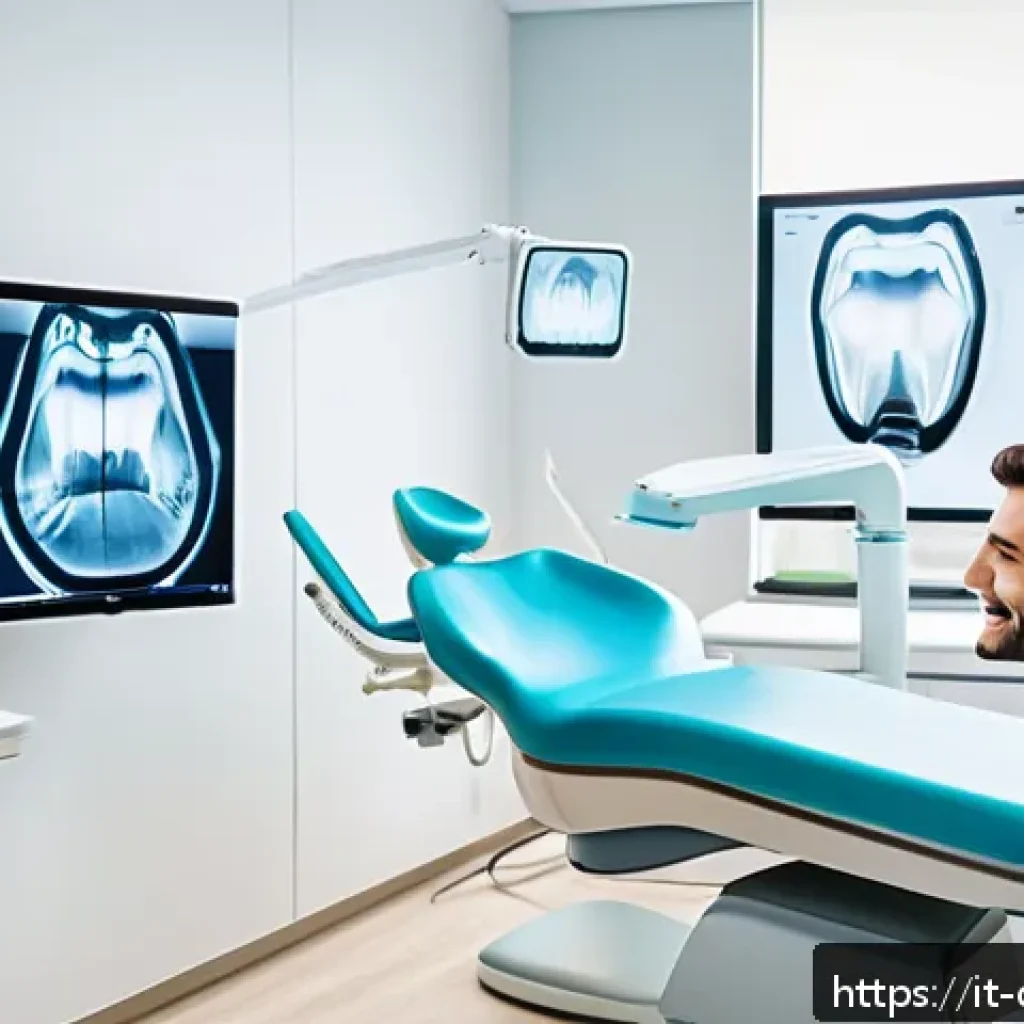 치과 관련 IT 기술 활용 사례 - A modern dental clinic interior showcasing advanced 3D dental imaging technology in use: a dentist e...