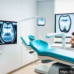 치과 관련 IT 기술 활용 사례 - A modern dental clinic interior showcasing advanced 3D dental imaging technology in use: a dentist e...