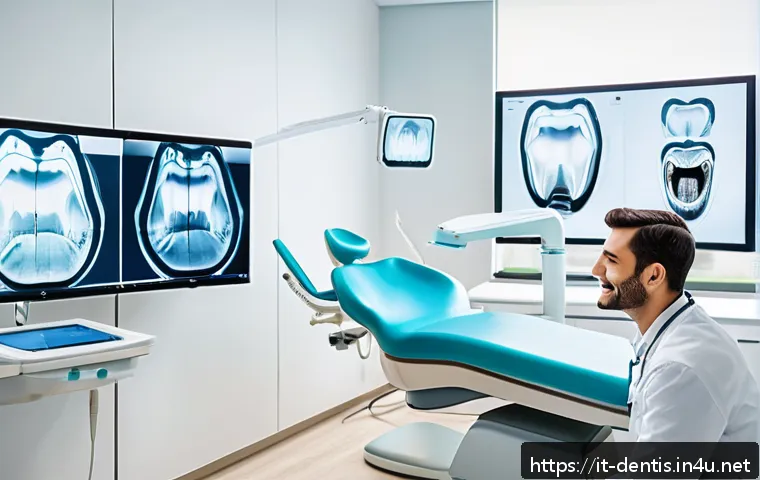 치과 관련 IT 기술 활용 사례 - A modern dental clinic interior showcasing advanced 3D dental imaging technology in use: a dentist e...