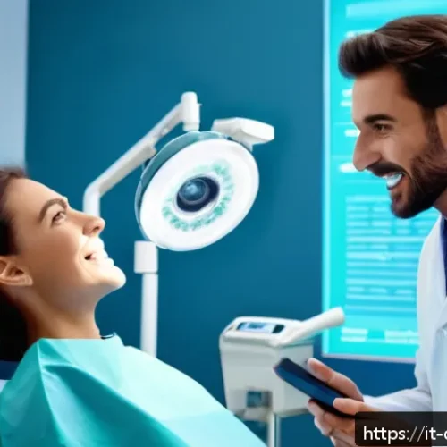 치과 치료 과정 동영상 제작 팁 - A modern dental clinic video shoot scene featuring a friendly dentist in casual professional attire ...
