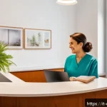 치과 치료 관련 환자 교육 자료 제작 - A cozy, modern dental clinic reception area in Italy, featuring clean white walls, warm wooden furni...