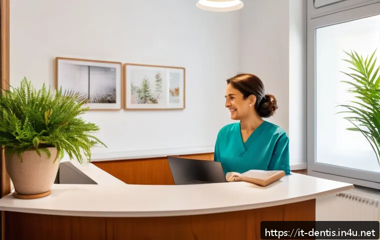치과 치료 관련 환자 교육 자료 제작 - A cozy, modern dental clinic reception area in Italy, featuring clean white walls, warm wooden furni...