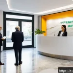 치과의사로 창업하기 위한 필수 준비 - A modern Italian dental clinic reception area in Milan, featuring a sleek design with bright natural...