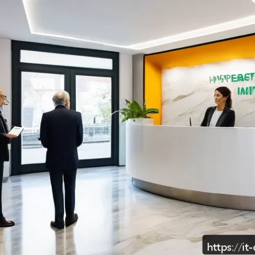 치과의사로 창업하기 위한 필수 준비 - A modern Italian dental clinic reception area in Milan, featuring a sleek design with bright natural...