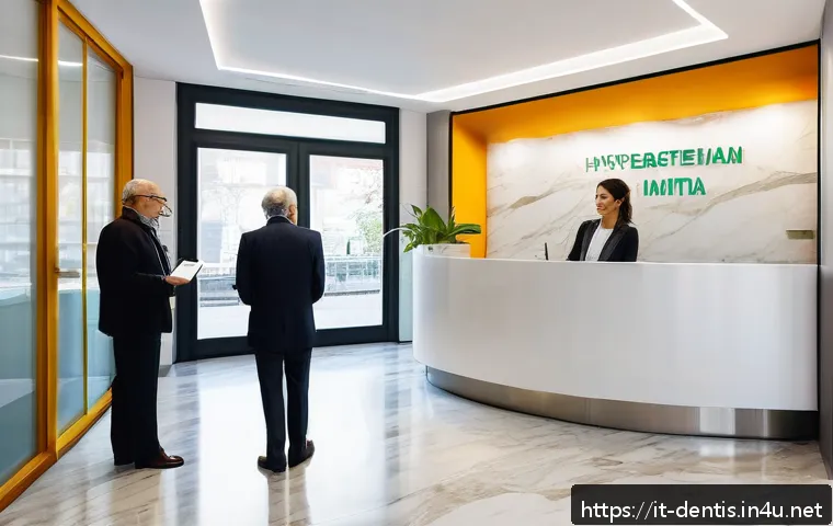 치과의사로 창업하기 위한 필수 준비 - A modern Italian dental clinic reception area in Milan, featuring a sleek design with bright natural...