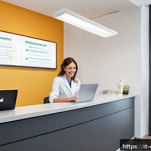 치과 환자 리뷰 관리 방법 - A modern dental clinic reception area in Italy, featuring a friendly dental receptionist responding ...