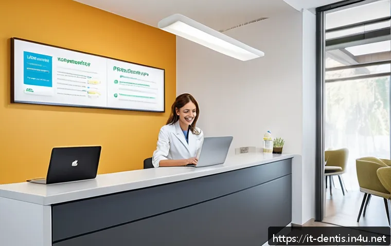 치과 환자 리뷰 관리 방법 - A modern dental clinic reception area in Italy, featuring a friendly dental receptionist responding ...